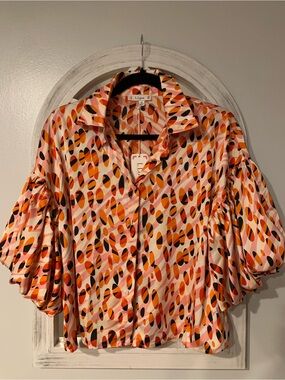 Love Pink, Orange & Black Printed Puff-Sleeve Button-Down Shirt